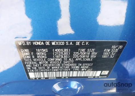 2021 Honda Hr-V 2Wd Sport z USA, uszkodzony, nr VIN 3CZRU5H10MM701964